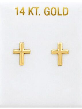 Cross Stud Earrings Solid 14k Yellow Gold